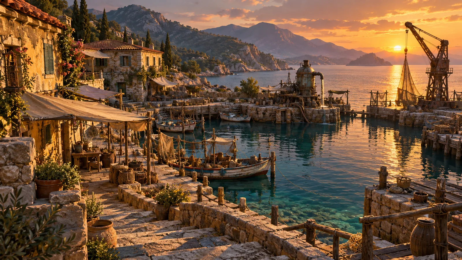 Un puerto mediterráneo recuperado, con pequeñas barcas, piedra y tecnología rescatada al atardecer.