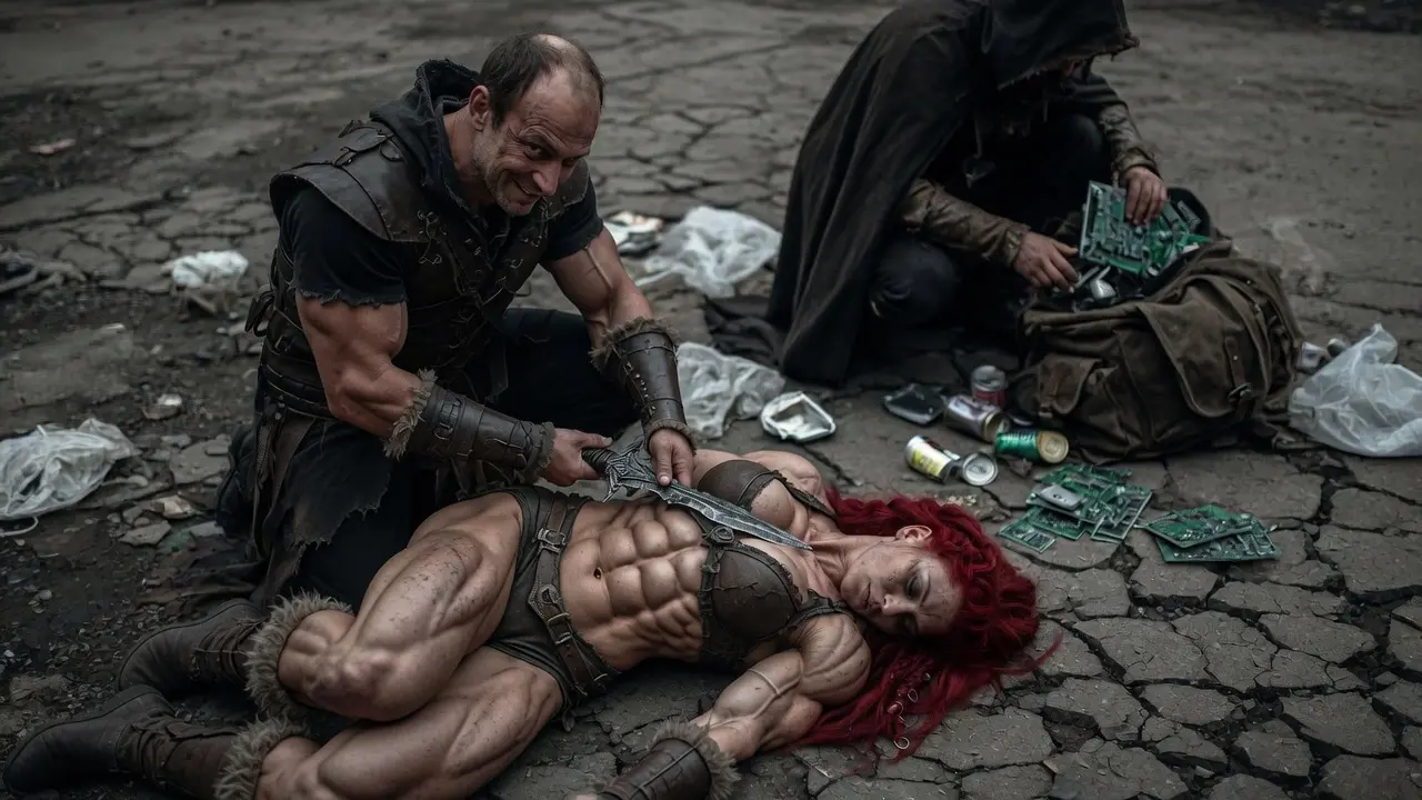 Grokk frente al cuerpo cibernético en las ruinas