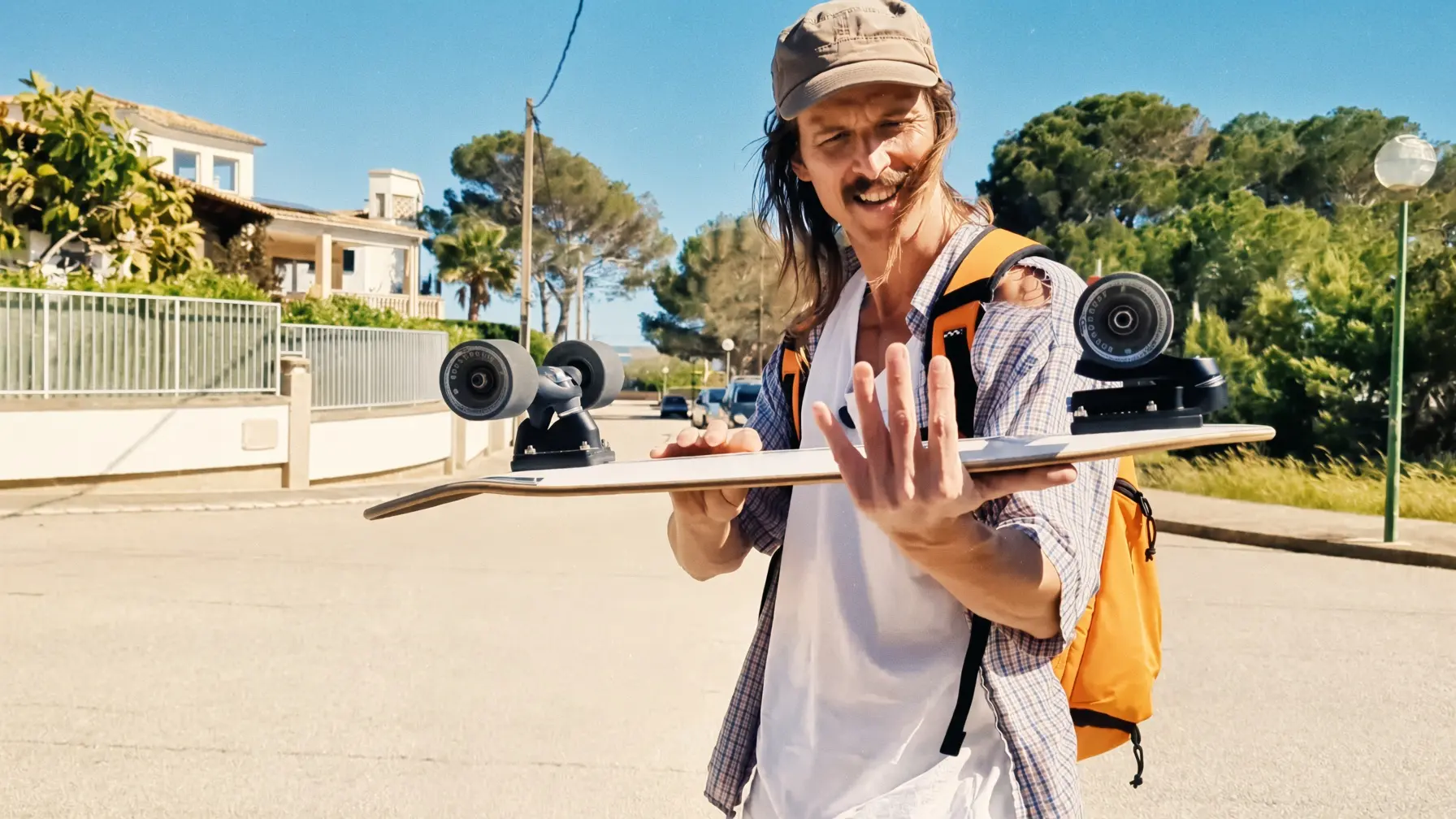 Eitiboy en una calle soleada, con la tabla en las manos y la mochila preparada para salir.