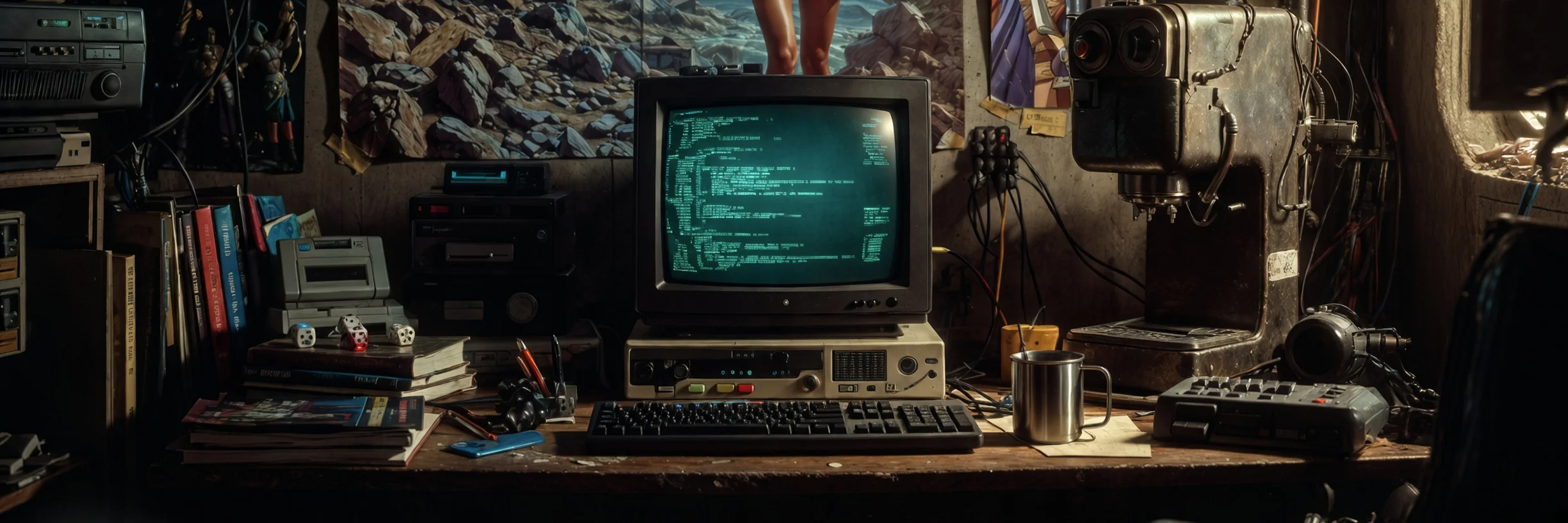 Mesa de trabajo con libros, un ordenador retro, una cámara y una taza.