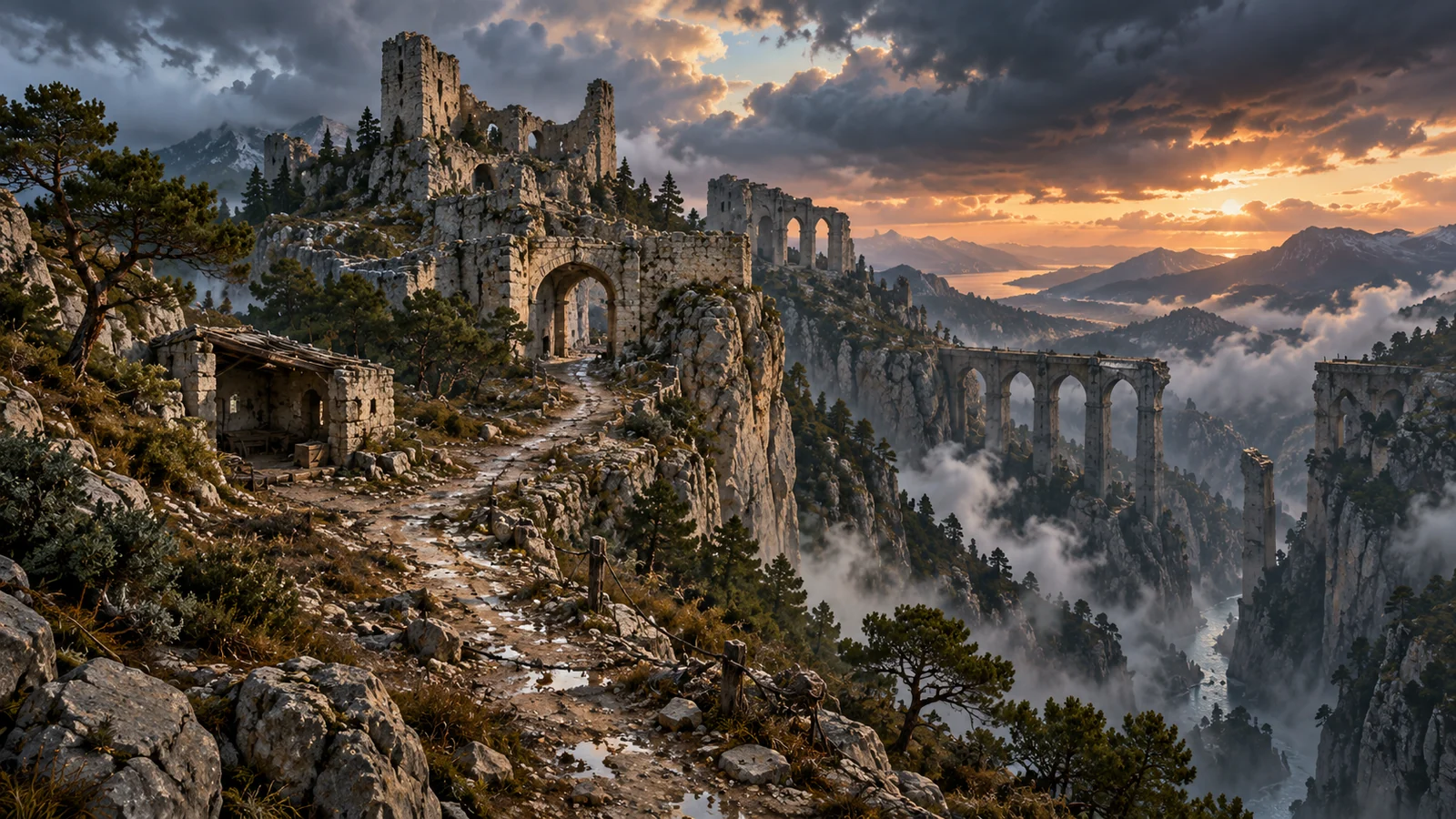 Un sendero húmedo atraviesa una fortaleza derruida sobre un barranco de pinos y viejos puentes, bajo nubes de tormenta y luz cobriza.